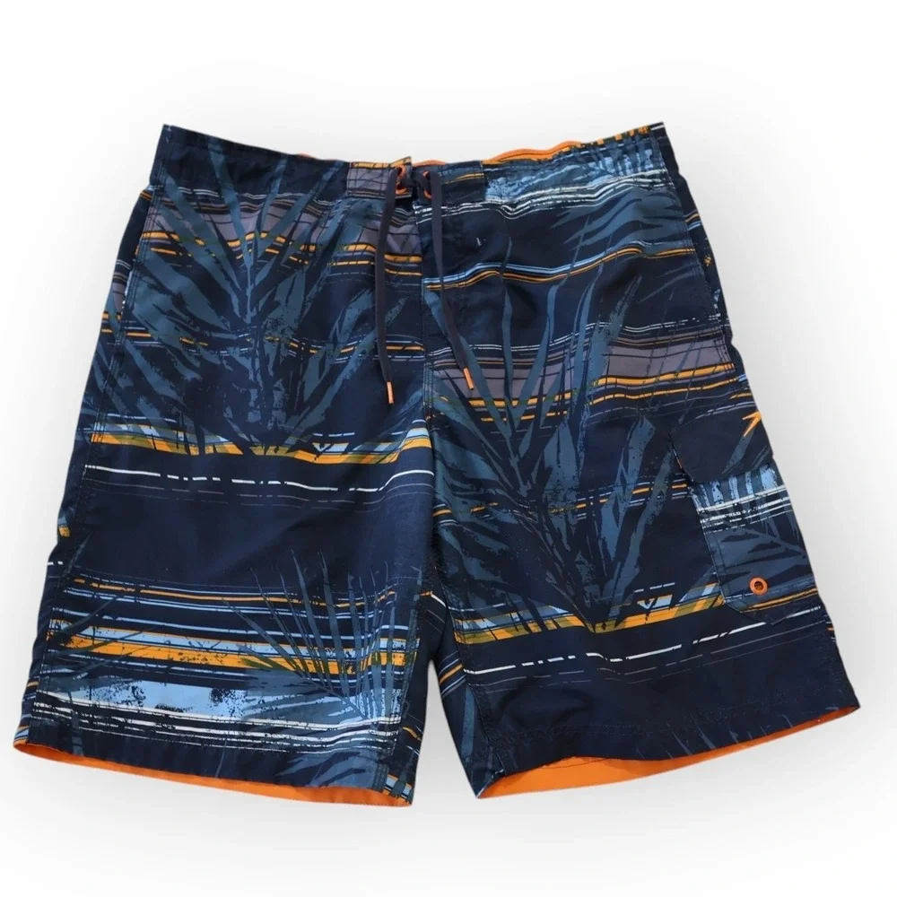 Speedo Mens Board Shorts Navy Blue Orange Tropical Palm Stripe Swim Trunks L‎